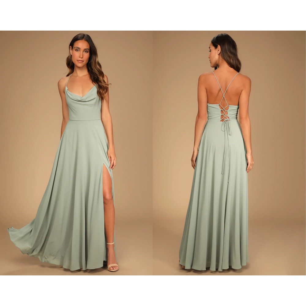 Lulus Romantically Speaking Sage Green Cowl Lace-Up Maxi Dress Size 1X
